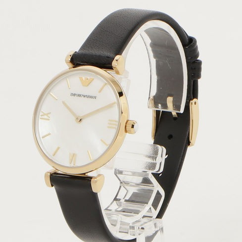  Shop Authentic Emporio Armani Gianni T-Bar Quartz Mother of Pearl Dial Black Leather Strap Watch For Women - AR1910 - Luxxuri