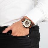  Shop Authentic Fossil Grant Automatic Beige Skeleton Dial Brown Leather Strap Watch for Men - ME3099 - Luxxuri
