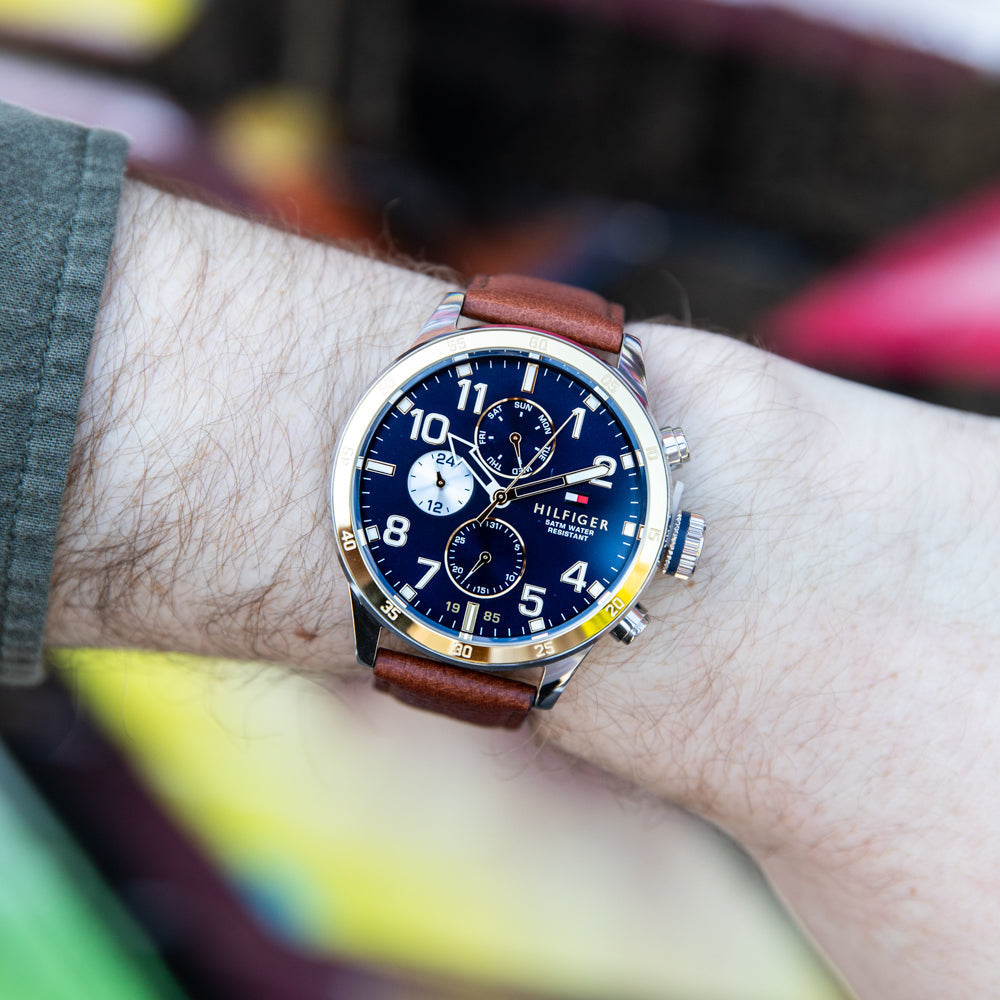  Shop Authentic Tommy Hilfiger Sport Multifunction Blue Dial Brown Leather Strap Watch for Men - 1791137 - Luxxuri