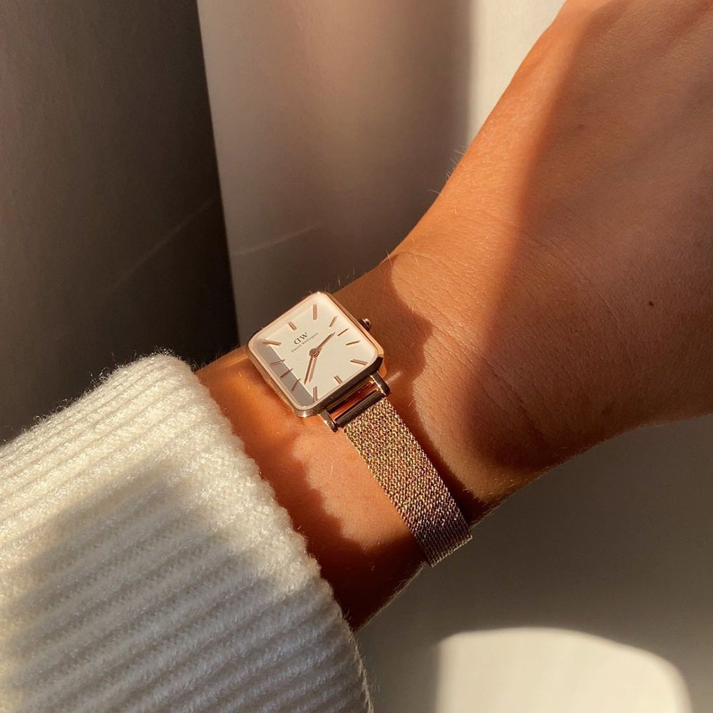  Shop Authentic Daniel Wellington Quadro Melrose White Dial Gold Mesh Strap Watch For Women - DW00100431 - Luxxuri