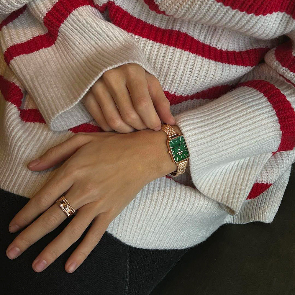  Shop Authentic Daniel Wellington Quadro Melrose Green Dial Rose Gold Mesh Strap Watch For Women - DW00100437 - Luxxuri