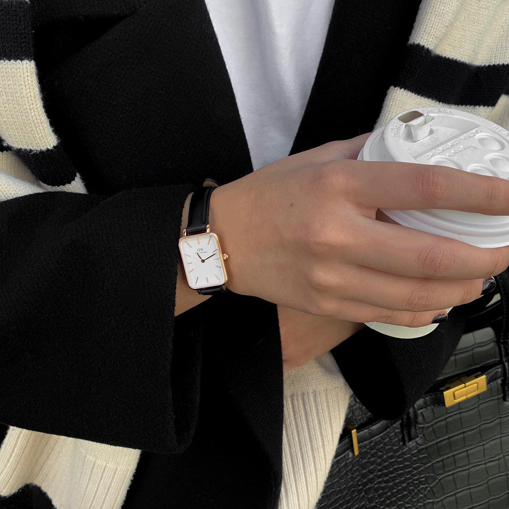 Daniel Wellington Quadro White Dial Black Leather Strap Watch For Women - DW00100434