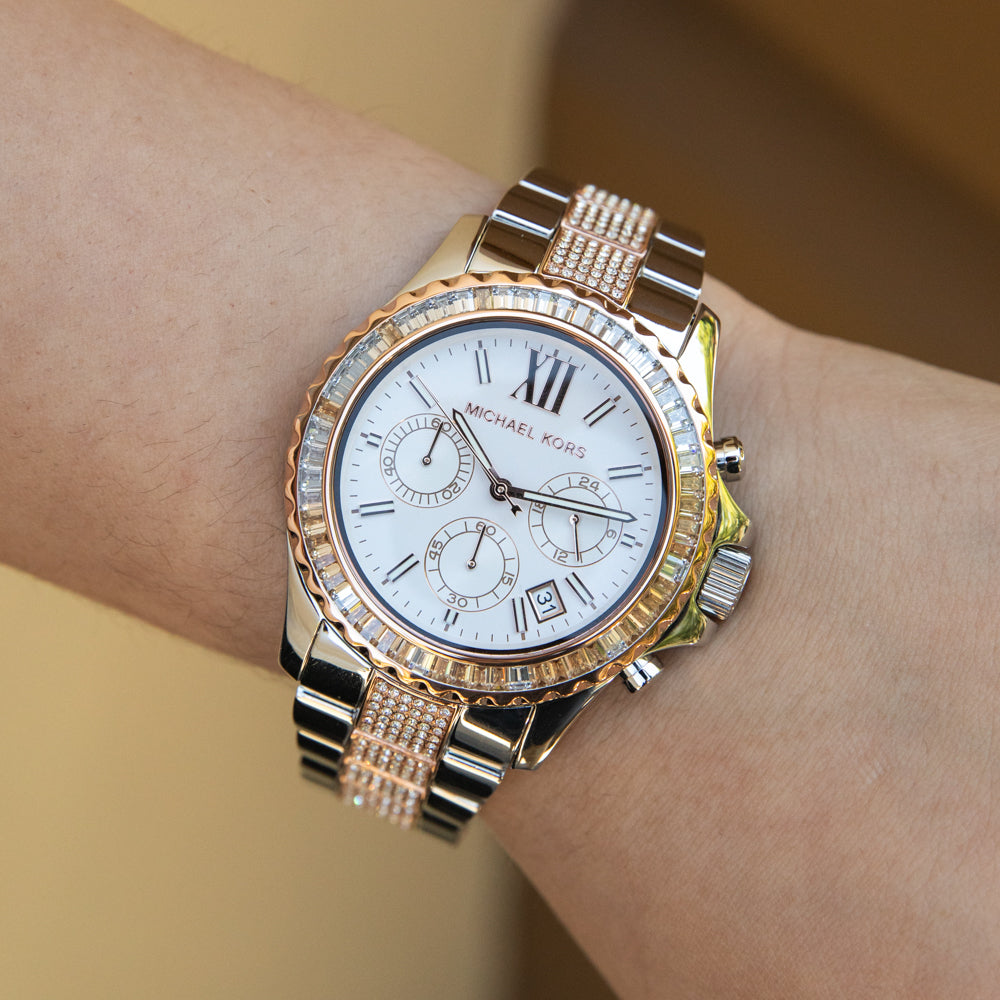  Shop Authentic Michael Kors Everest Chronograph Silver Dial Two Tone Steel Strap Watch For Women - MK6975 - Luxxuri