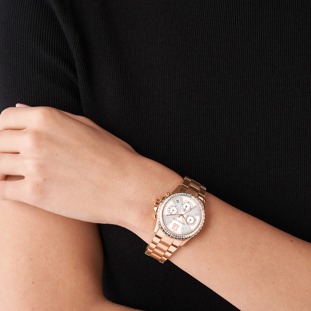 Michael Kors Everest Chronograph Silver Dial Rose Gold Steel Strap Watch For Women - MK7213