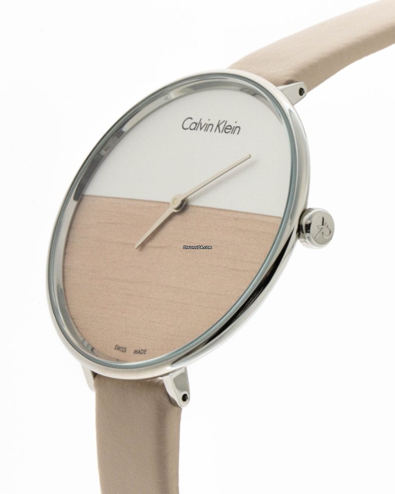  Shop Authentic Calvin Klein Rise White Beige Dial Beige Leather Strap Watch for Women - K7A231XH - Luxxuri