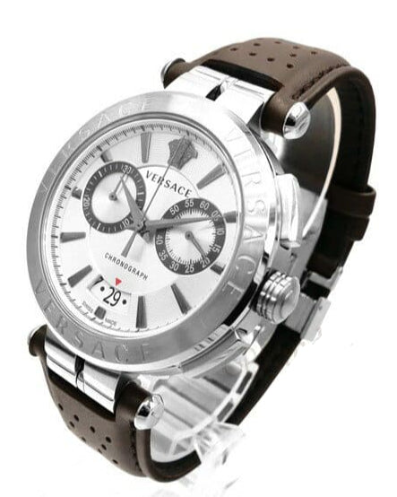  Shop Authentic Versace Aion Chronograph White Dial Brown Leather Strap Watch for Men - VBR010017 - Luxxuri