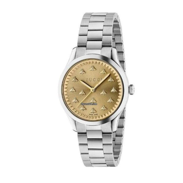  Shop Authentic Gucci G Timeless Quartz Gold Dial Silver Steel Strap Watch for Women - YA1265035 - Luxxuri