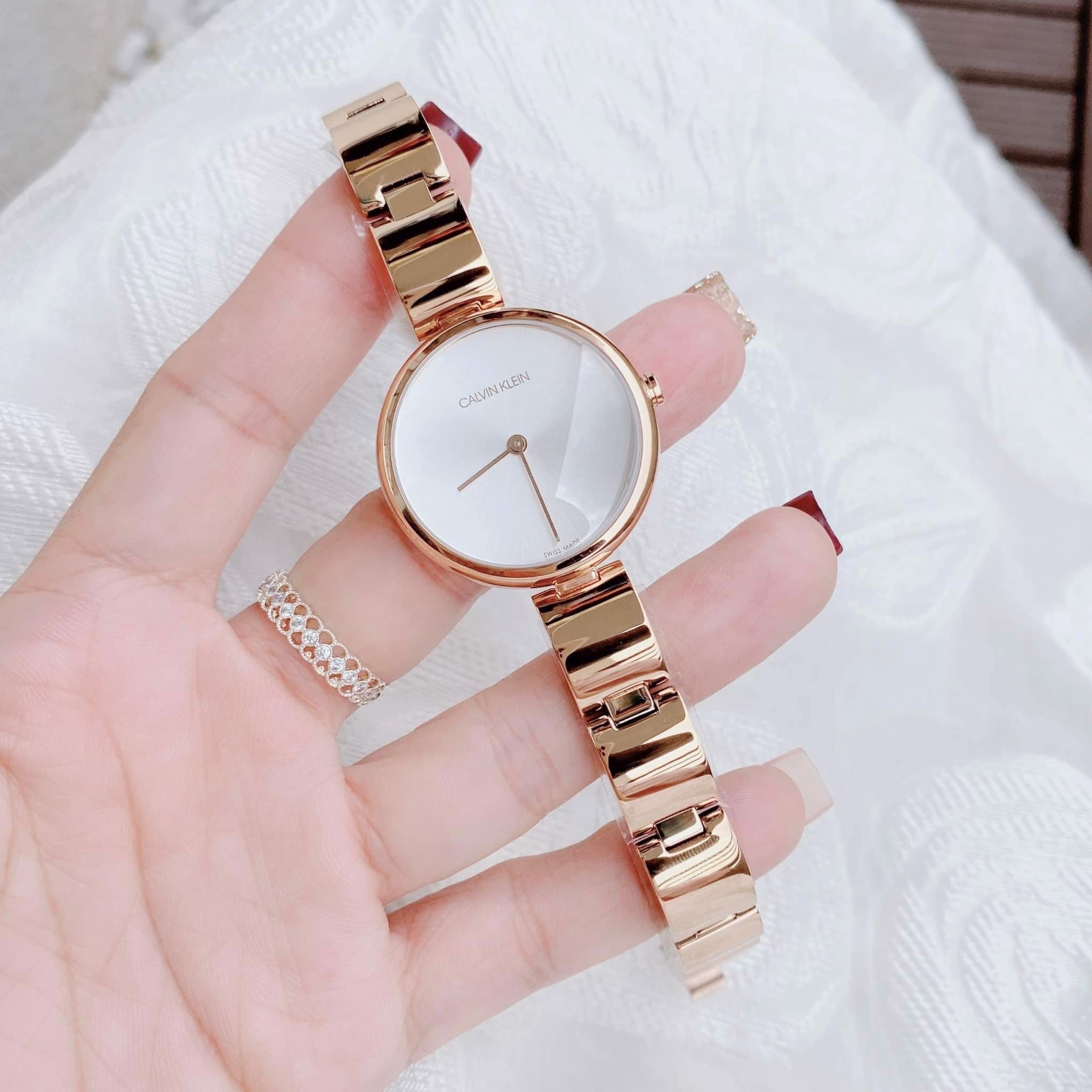 Calvin Klein Wavy White Dial Rose Gold Steel Strap Watch for Women - K9U23646