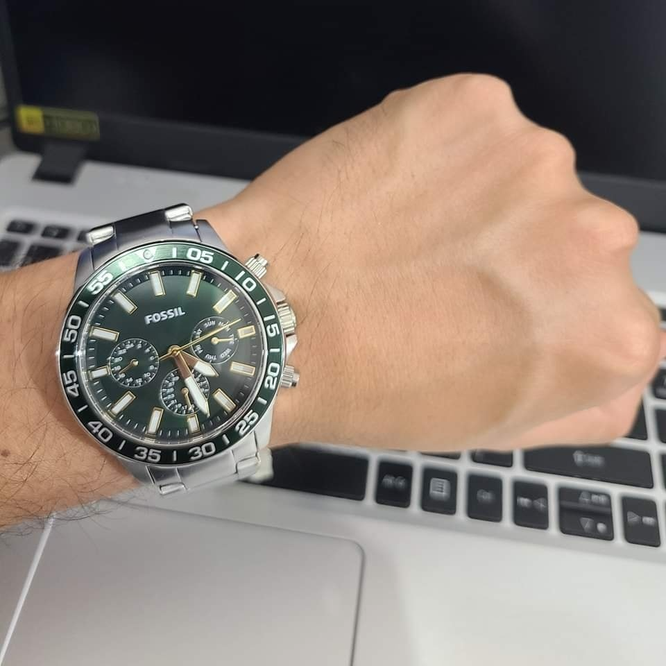  Shop Authentic Fossil Bannon Chronograph Green Dial Silver Steel Strap Watch for Men - BQ2492 - Luxxuri