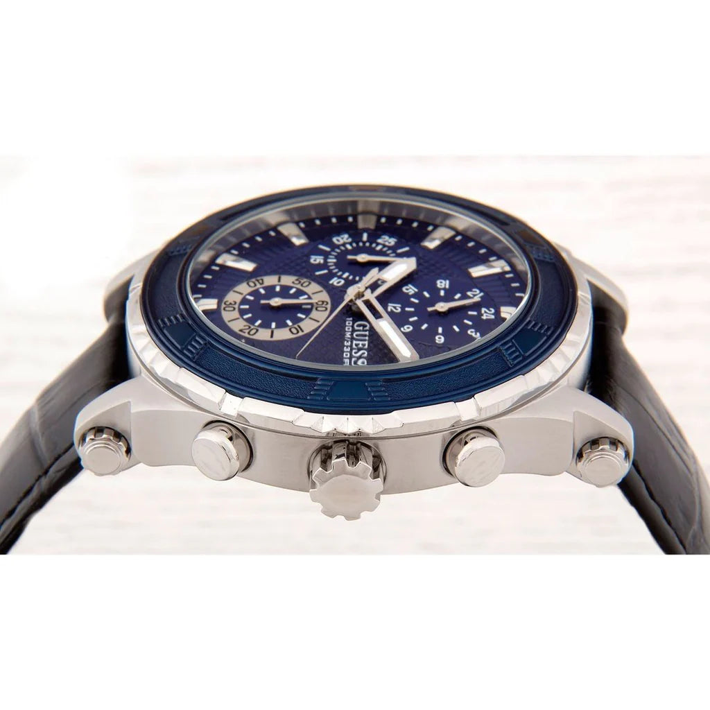  Shop Authentic Guess Pinnacle Chronograph Quartz Blue Dial Black Leather Strap Watch For Men - W0673G4 - Luxxuri