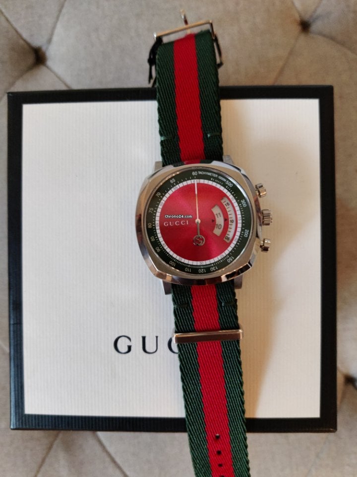  Shop Authentic Gucci Grip Quartz Chronograph Red Dial Two Tone NATO Strap Watch for Men - YA157304 - Luxxuri