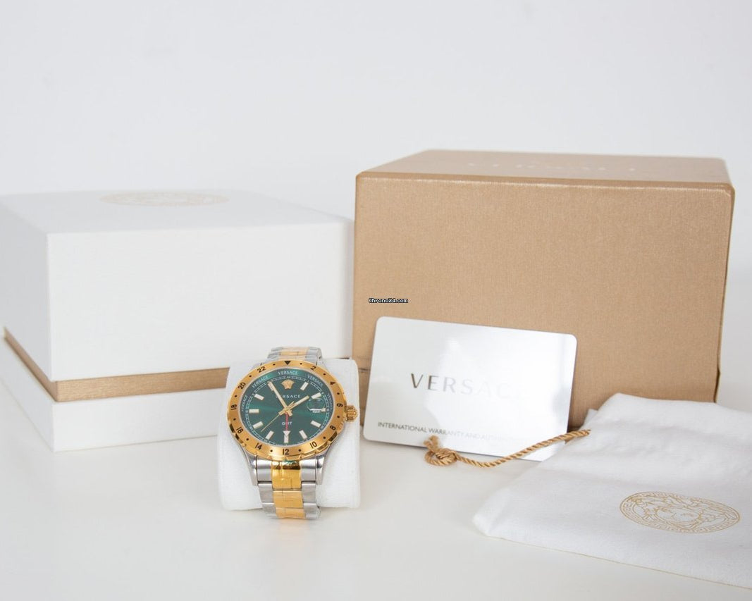 Versace Hellenyium GMT Green Dial Two Tone Steel Strap Watch for Men - V11050015