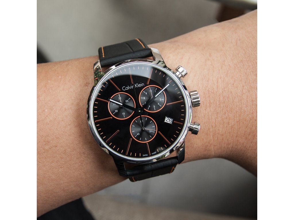  Shop Authentic Calvin Klein City Chronograph Black Dial Black Leather Strap Watch for Men - K2G271C1 - Luxxuri