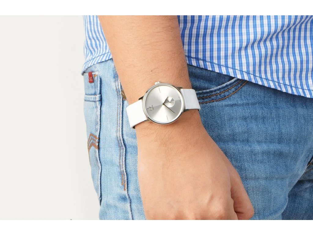  Shop Authentic Calvin Klein Accent Silver Dial White Leather Strap Watch for Women - K2Y211K6 - Luxxuri