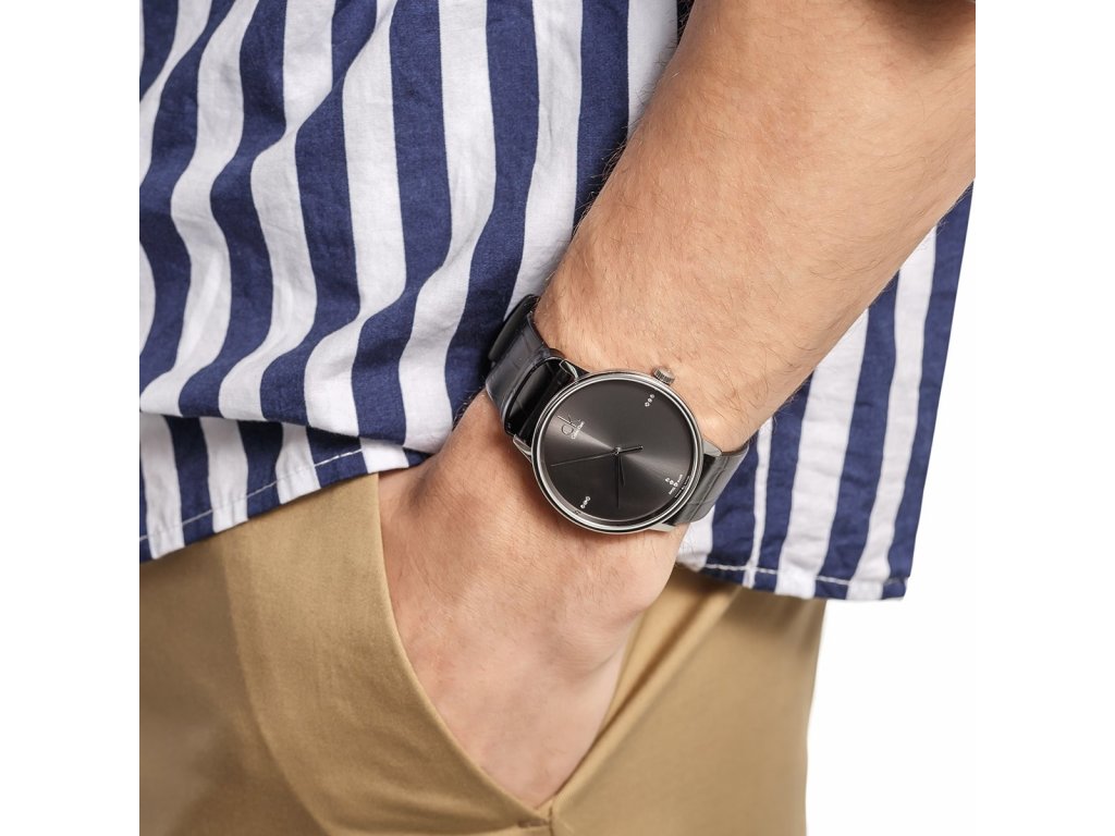  Shop Authentic Calvin Klein Accent Black Dial Black Leather Strap Watch for Men - K2Y2X1CU - Luxxuri