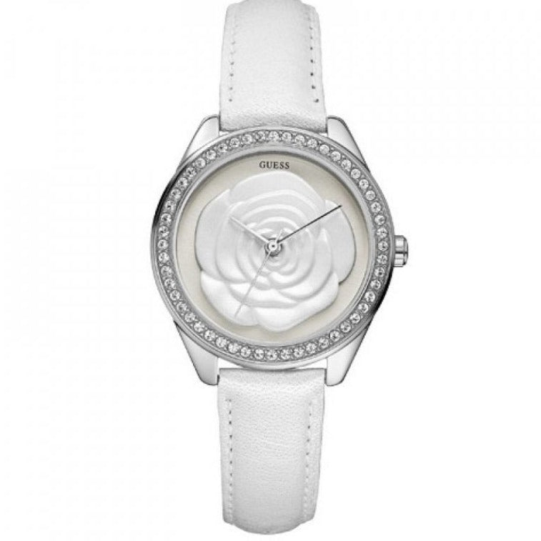  Shop Authentic Guess Rosette Analog White Dial White Leather Strap Watch For Women - W75043L1 - Luxxuri