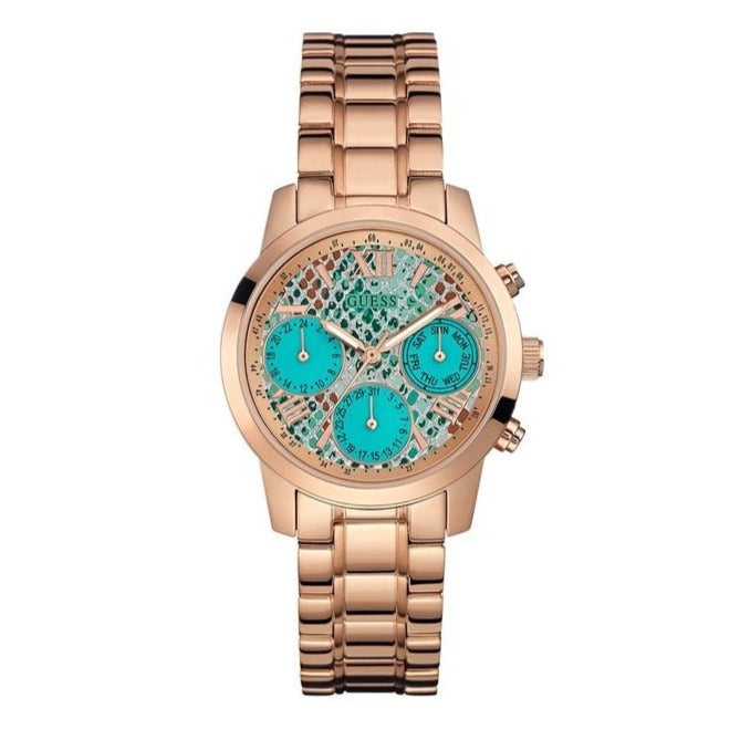  Shop Authentic Guess Mini Sunrise Multi Function Analog Turquoise Dial Rose Gold Steel Strap Watch For Women - W0448L8 - Luxxuri