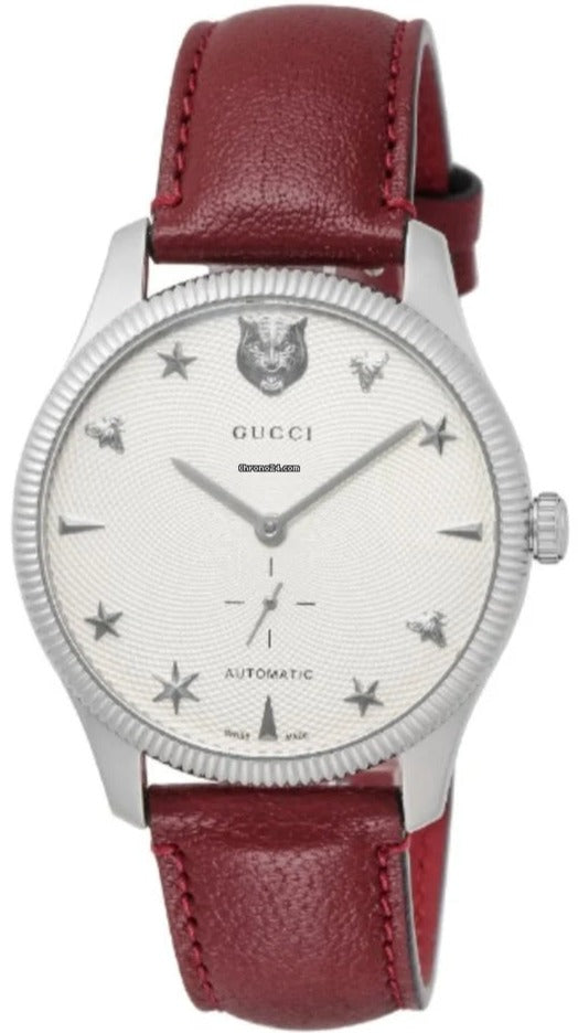  Shop Authentic Gucci G Timeless Automatic Silver Dial Red Leather Strap Watch For Men - YA126346 - Luxxuri