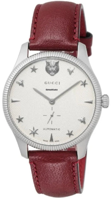  Shop Authentic Gucci G Timeless Automatic Silver Dial Red Leather Strap Watch For Men - YA126346 - Luxxuri