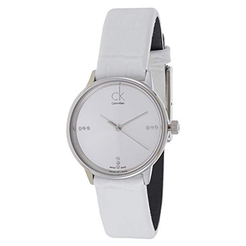 Shop Authentic Calvin Klein Accent Silver Dial White Leather Strap Watch for Women - K2Y2Y1KW - Luxxuri