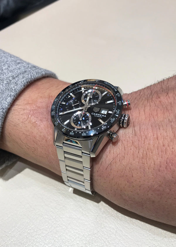  Shop Authentic Tag Heuer Carrera Automatic Chronograph Black Dial Silver Steel Strap Watch for Men - CBM2110.BA0651 - Luxxuri