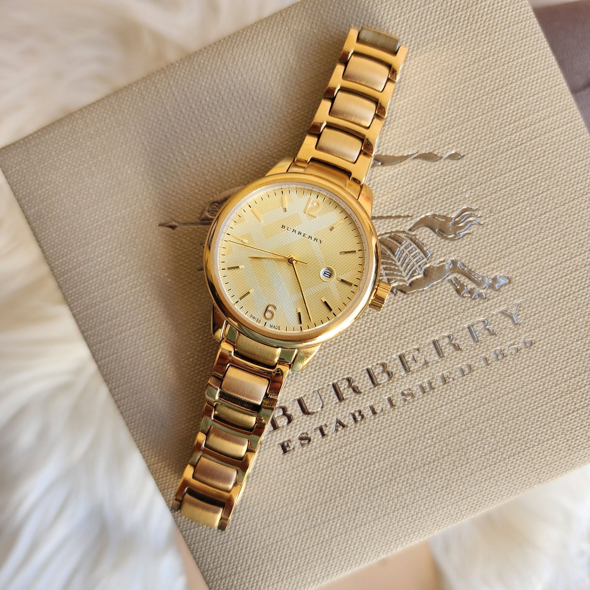 Burberry The Classic Champagne Dial Gold Steel Strap Watch for Women - BU10109