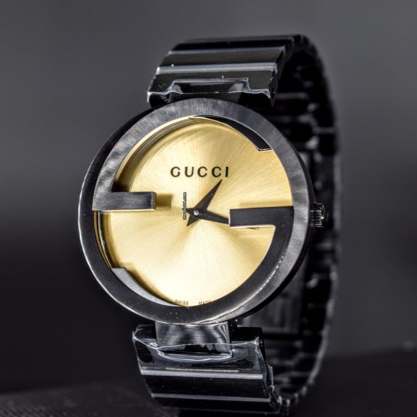  Shop Authentic Gucci Interlocking G Quartz Gold Dial Black Steel Strap Watch For Women - YA133314 - Luxxuri