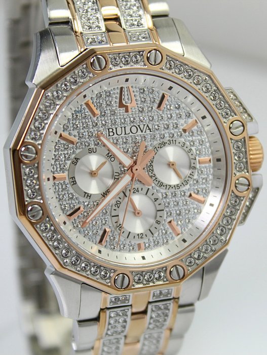  Shop Authentic Bulova Octova Crystal Silver Dial Two Tone Steel Strap Watch for Men - 98C133 - Luxxuri