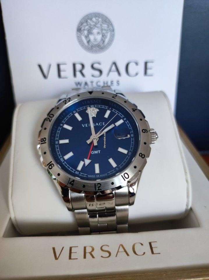  Shop Authentic Versace Hellenyium GMT Blue Dial Silver Steel Strap Watch for Men - V11010015 - Luxxuri