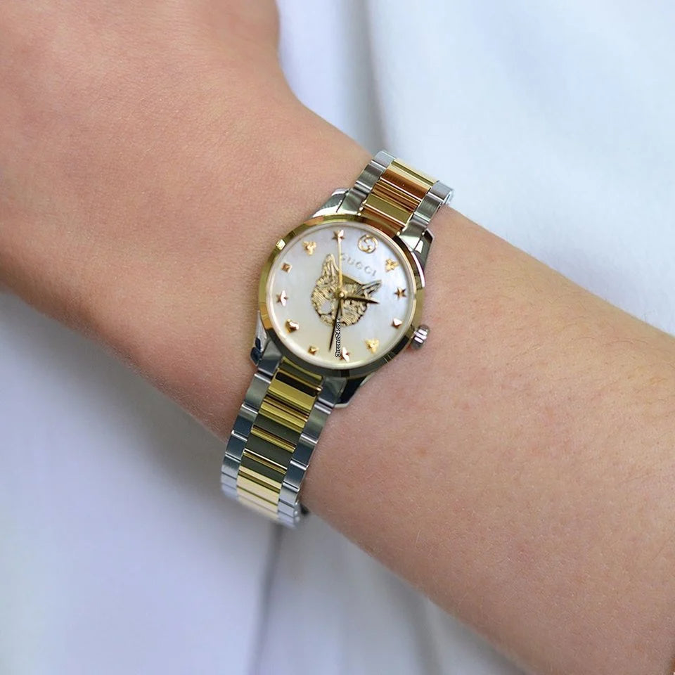  Shop Authentic Gucci G Timeless Quartz Mother of Pearl Blue Dial Two Tone Steel Strap Watch For Women - YA1265011 - Luxxuri