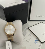  Shop Authentic Gucci G Timeless Quartz Silver Dial Gold Steel Strap Watch For Women - YA1264155 - Luxxuri