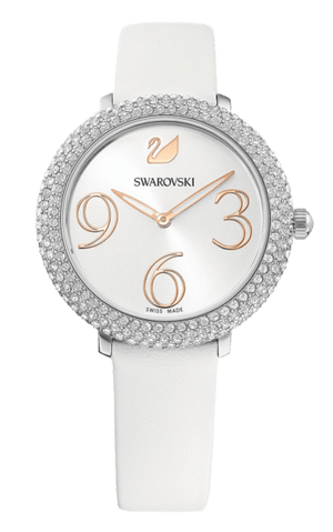  Shop Authentic Swarovski Crystal Frost Silver Dial White Leather Strap Watch for Women - 5484070 - Luxxuri