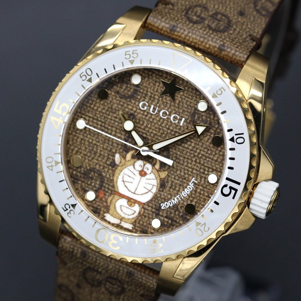  Shop Authentic Gucci Dive Doraemon Brown Dial Brown Leather Strap Watch For Men - YA136334 - Luxxuri