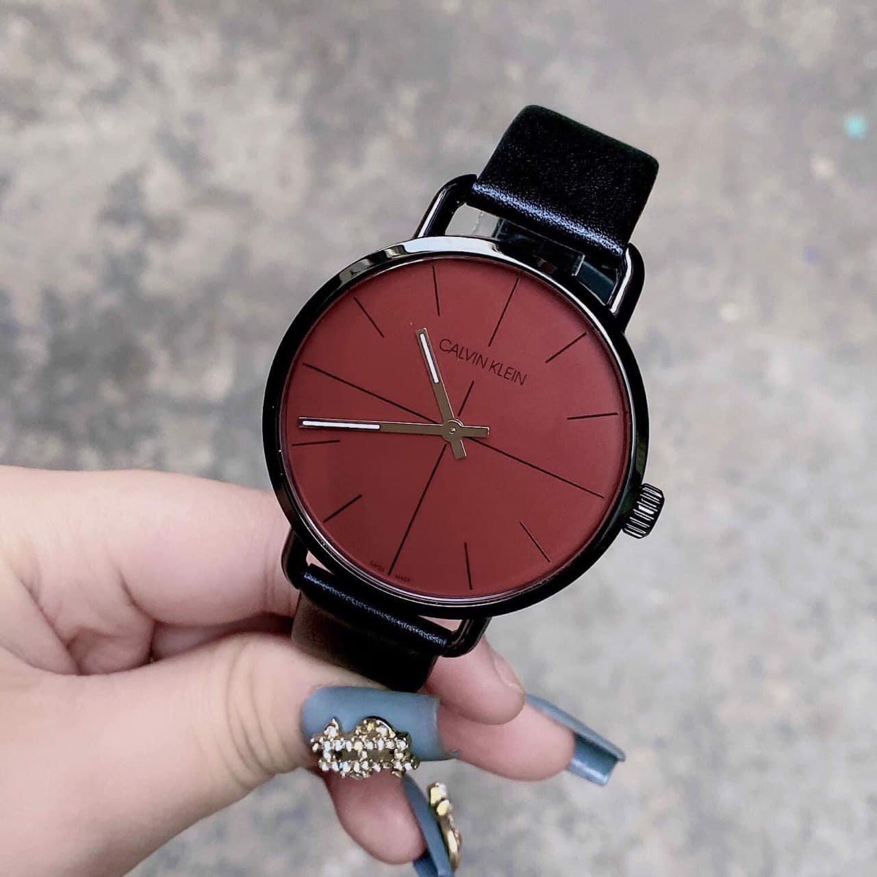  Shop Authentic Calvin Klein Even Maroon Dial Black Leather Strap Watch for Men - K7B214CP - Luxxuri