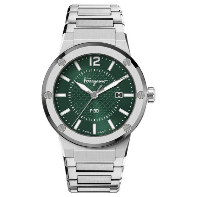  Shop Authentic Salvatore Ferragamo F-80 Bracelet Green Dial Silver Steel Strap Watch For Men - SFHY00621 - Luxxuri