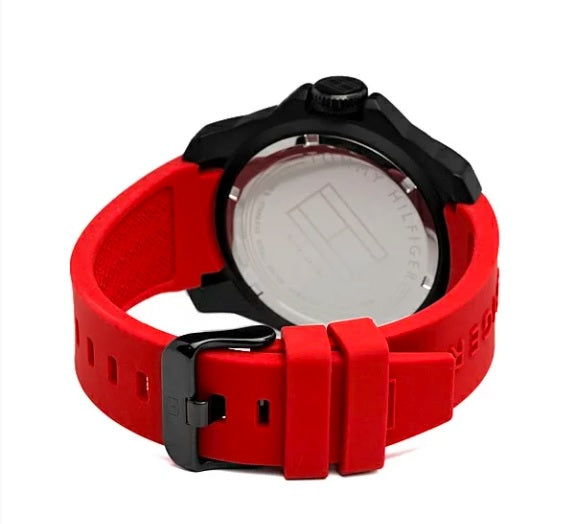 Tommy Hilfiger Windsurf Black Dial Red Rubber Strap Watch for Men - 1791112