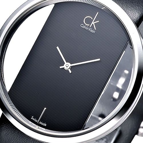  Shop Authentic Calvin Klein Glam Transparent Dial Black Leather Strap Watch for Women - K9423107 - Luxxuri