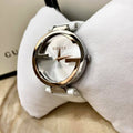 Shop Authentic Gucci Interlocking 18K Gold Silver Dial White Leather Strap Watch For Women - YA133303 - Luxxuri