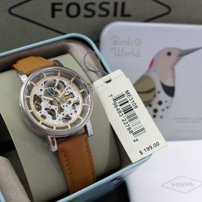  Shop Authentic Fossil Boyfriend Automatic Skeleton Silver Dial Brown Leather Strap Watch for Women - ME3109 - Luxxuri