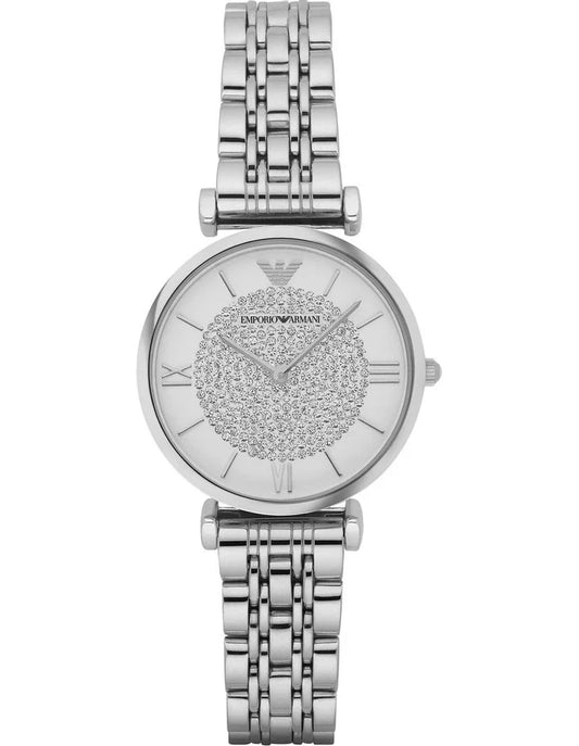 Emporio Armani Gianni T Bar White Crystal Pave Dial Silver Stainless Steel Strap Watch For Women - AR1925