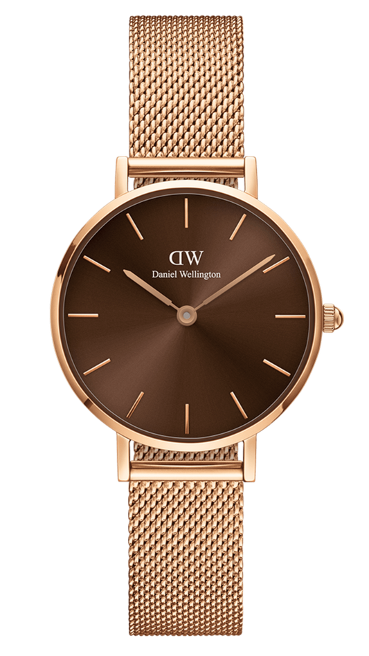  Shop Authentic Daniel Wellington Petite Amber Brown Dial Rose Gold Mesh Strap Watch for Women - DW00100478 - Luxxuri