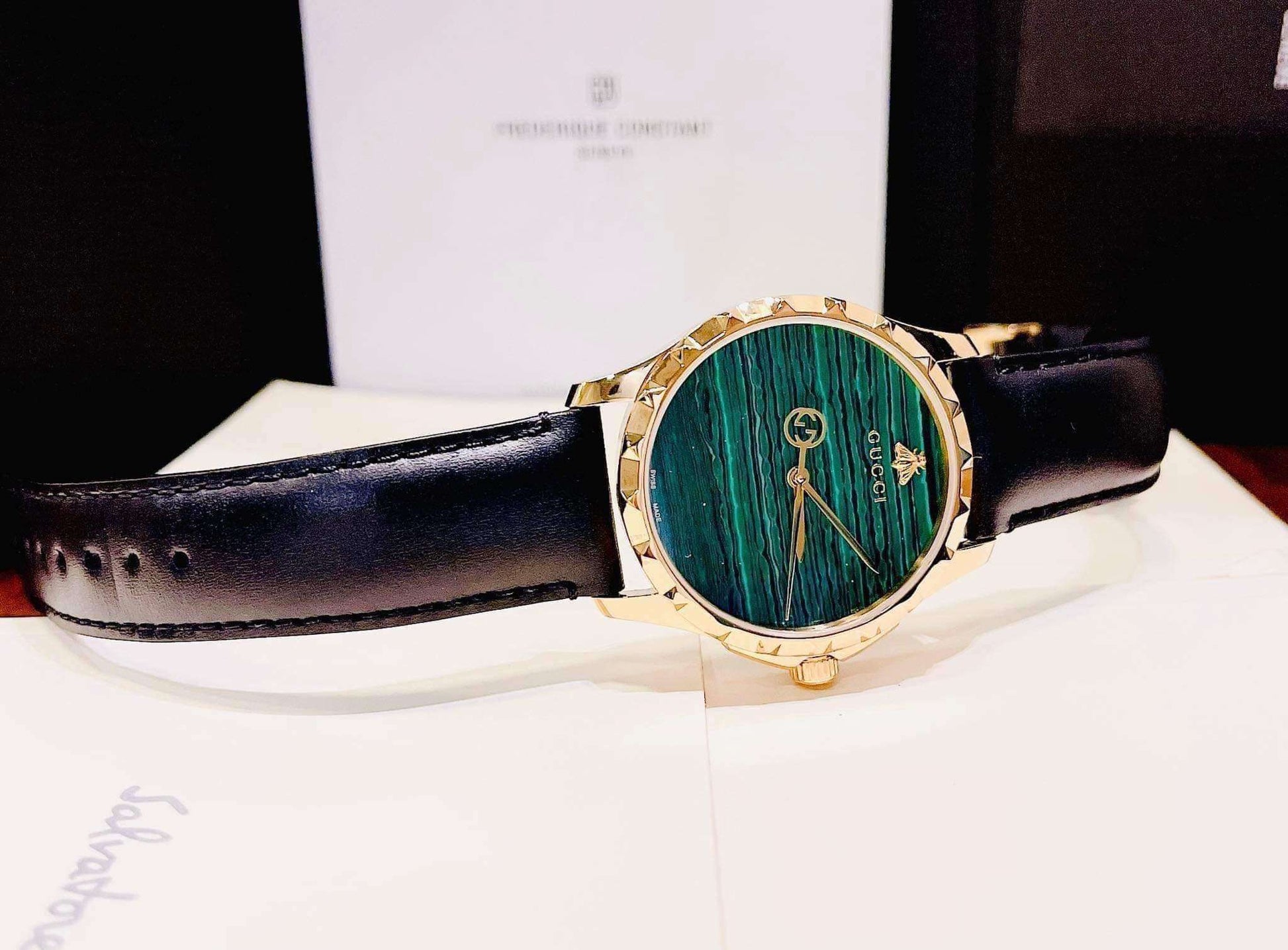  Shop Authentic Gucci Le Marche Des Merveilles Quartz Green Dial Black Leather Strap Watch For Women - YA126463 - Luxxuri