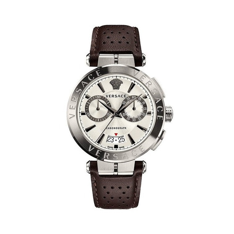  Shop Authentic Versace Aion Chronograph White Dial Brown Leather Strap Watch for Men - VBR010017 - Luxxuri