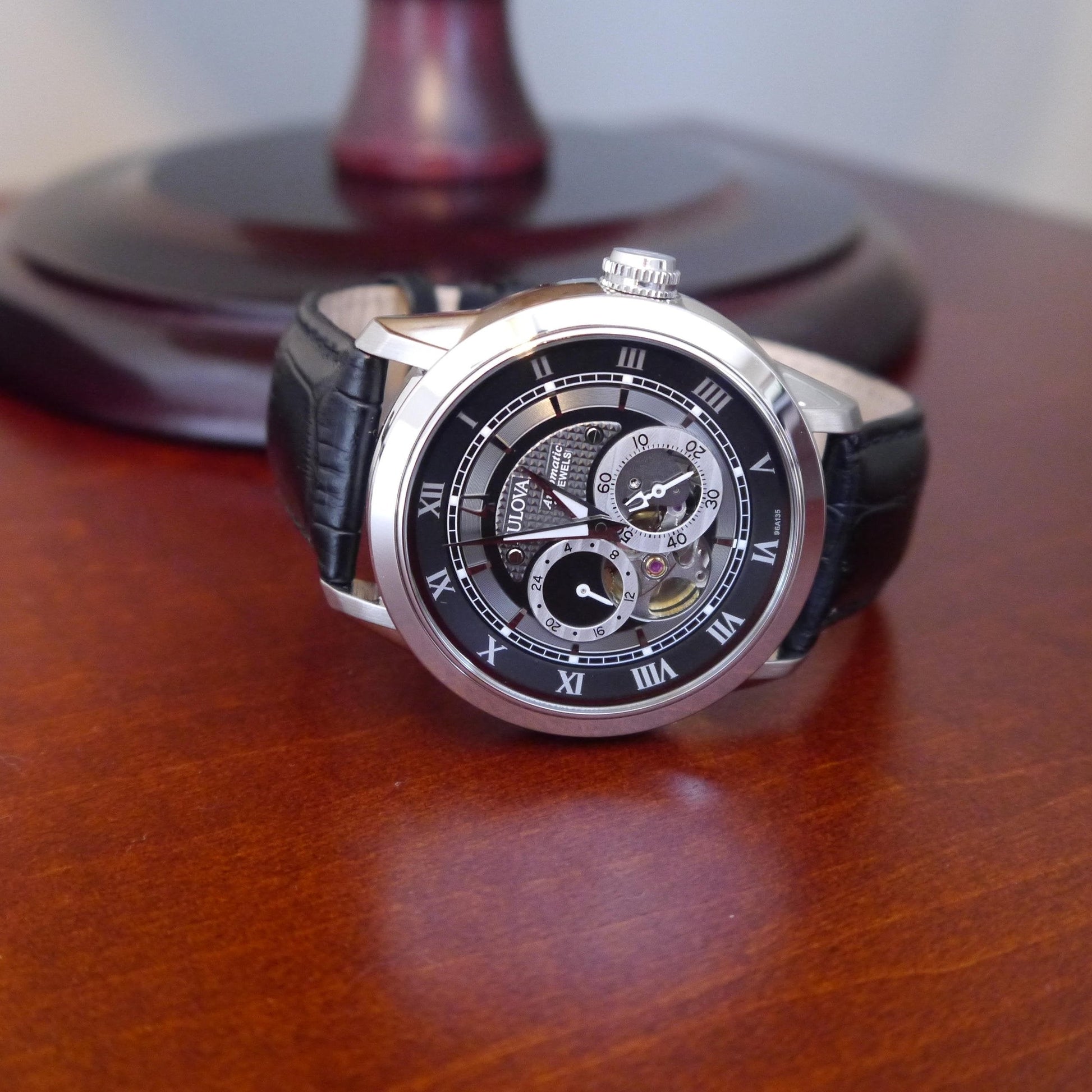  Shop Authentic Bulova BVA Classic Automatic Silver Dial Black Leather Strap Watch for Men - 96A135 - Luxxuri