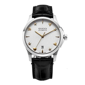  Shop Authentic Gucci G Timeless Automatic Silver Dial Black Leather Strap Unisex Watch - YA126468 - Luxxuri