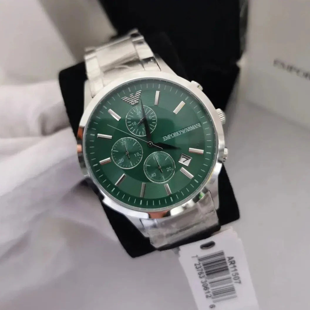  Shop Authentic Emporio Armani Renato Chronograph Green Dial Silver Steel Strap Watch For Men - AR11507 - Luxxuri