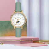  Shop Authentic Fossil Jacqueline Analog Moonphase Mother of Pearl White Dial Green Leather Strap Watch for Women - ES5168 - Luxxuri