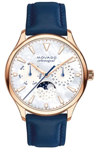  Shop Authentic Movado Heritage Celestograf White Mother of Pearl Dial Blue Leather Strap Watch For Women - 3650011 - Luxxuri