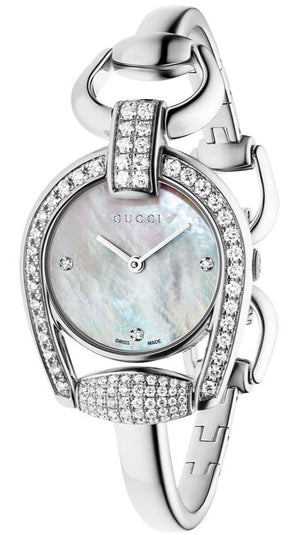  Shop Authentic Gucci Horsebit Collection Diamonds Mother of Pearl Dial Silver Steel Strap Watch For Women - YA139505 - Luxxuri
