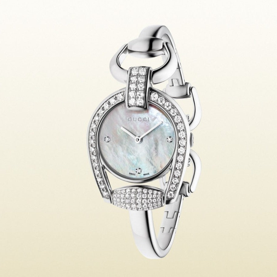  Shop Authentic Gucci Horsebit Collection Diamonds Mother of Pearl Dial Silver Steel Strap Watch For Women - YA139505 - Luxxuri